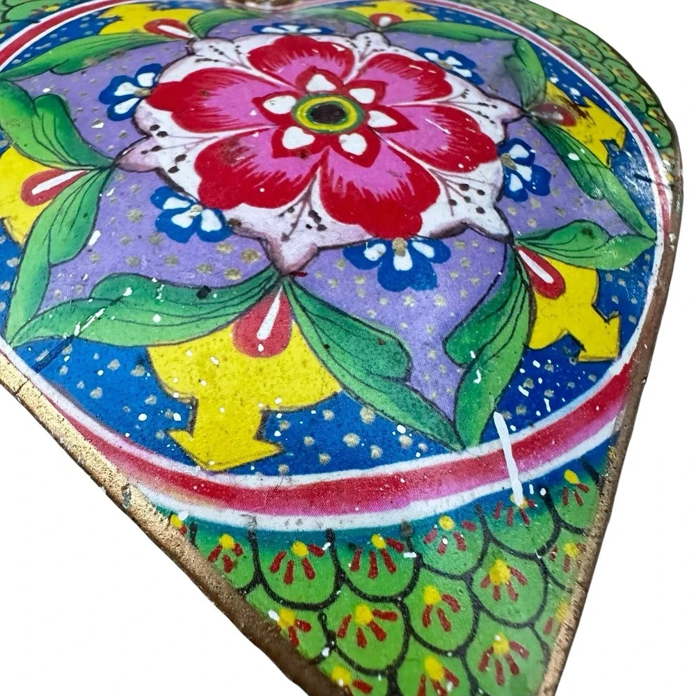 Large Metal Colorful Hand Painted Metal 2 Side 3D Hanging Heart Ornament Boho 4